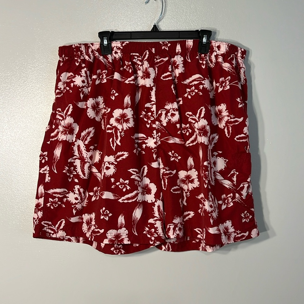St Johns Bay XXL Mens Swim Trunks with Drawstring~Hibiscus Red & White design.